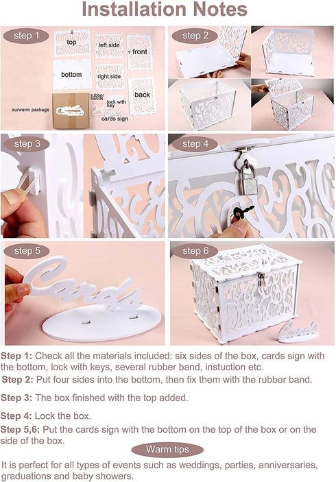 OurWarm DIY White Wedding Card Box with Lock PVC Card Box Graduation Card Box Perfect for Weddings, Baby Showers, Birthdays, Bridal or Baby Showers