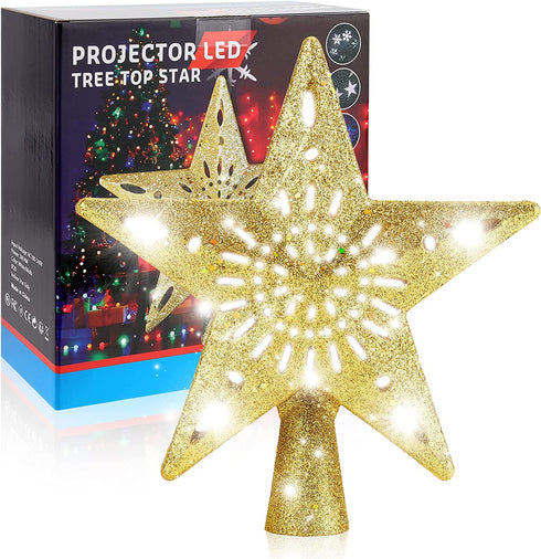 Christmas Tree Topper Star Lighted with Rotating Snowflake LED Projector, Gold Star 3D Glittered Christmas Xmas Tree Decorations Projector Angle Adjustable