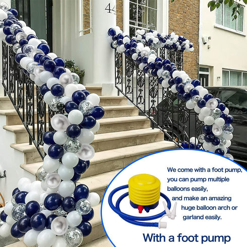 Luropa Silver Blue Balloon Arch Garland Kit, 120 pcs Navy Blue?White and Silver Confetti Latex Balloons with 16ft Tape Strip And Air Pump for Party Wedding Birthday Graduation Anniversary DIY Decoration.