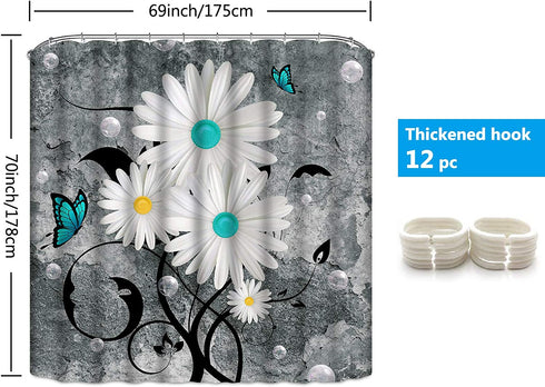 Ikfashoni Floral Butterfly Shower Curtain White Daisy Shower Curtain for Bathroom Farmhouse Rustic Bathroom Curtain with 12 Hooks, Fabric Flower Bathroom Shower Curtains, 69" x 70" Grey