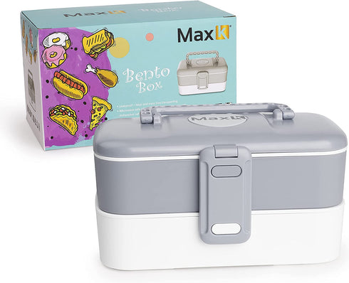 Max K Bento Box with Stainless Steel Cutlery and Carrying Handles, Lunchbox for Adults, Kids and Children, Hot or Cold Food Storage, 2 Trays, Cool Grey