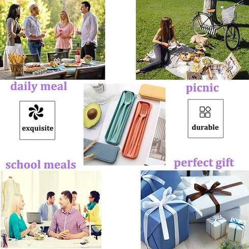 4 Sets Wheat Straw Cutlery, Portable Cutlery Set, Reusable Travel Flatware Set, for Lunch Boxes Workplace Camping School Picnic or Daily Use (Green, yellow, orange, blue)
