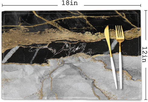 Linen Placemats Set of 4,Placemats for Dining Table,Black Gold White Marble,Washable Heat Resistant Non-Slip Woven Placemats for Home Kitchen Restaurant Decoration