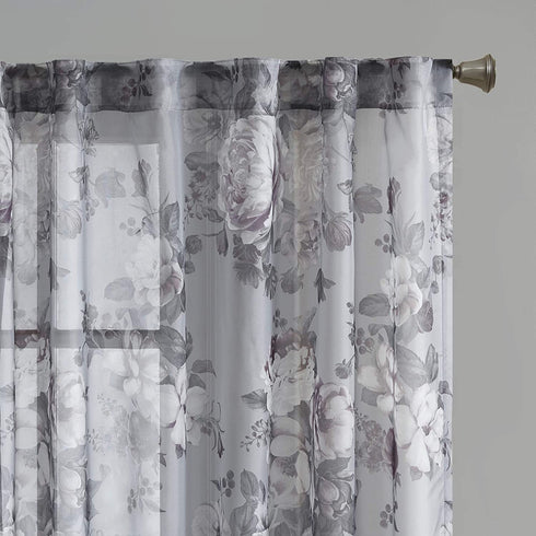 Madison Park Simone Floral Design Sheer Single Window Curtain Voile Privacy Drape for Bedroom, Livingroom, 50" x 95", Backtab Panel, Grey