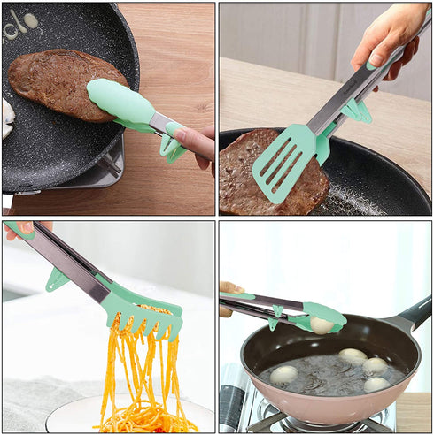 4 Pack Silicone Cooking Kitchen Tongs Kit , BPA Free Non-Stick Stainless Steel BBQ Grilling Locking Food Tong / Pasta Tong/Spatula Tong for Oven Baking Salad Steak Vegetable Serving Tools Utensil Set