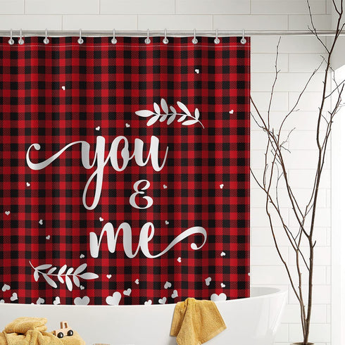 AVOIN colorlife Valentine's Day Red Shower Curtain, 72 x 72 Inch You and Me Buffalo Plaid Decorative Waterproof Bath Curtain Set with 12 Hooks