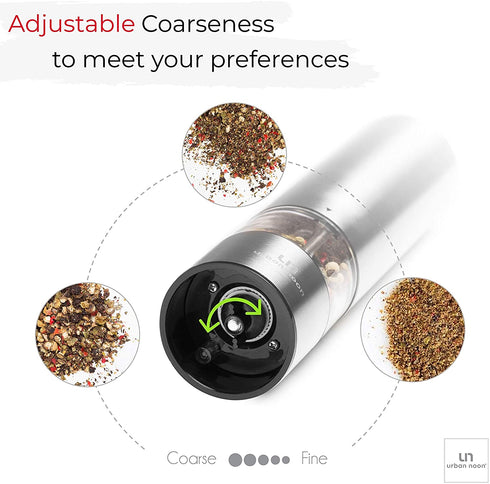 Electric Pepper Grinder or Salt Grinder - Battery Operated Stainless Steel Pepper Mill with Light - One Handed Operation - Adjustable Ceramic Grinder