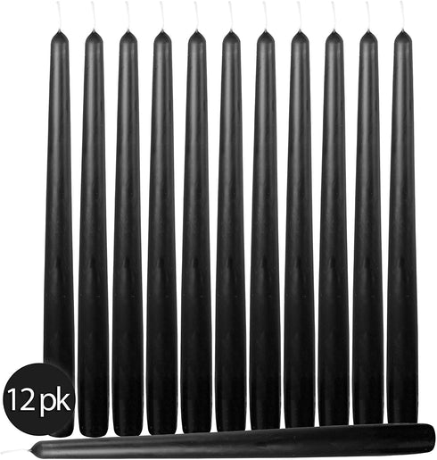 12 Pack Tall Taper Candles - 10 Inch Black Dripless, Unscented Dinner Candle - Paraffin Wax with Cotton Wicks - 8 Hour Burn Time