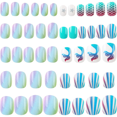 48Pcs Press on Nails for Kids Full Cover Short Fake Stick on Nails for Girls False Nails Lovely Children Gift Nail Art Decoration (Blue Ocean)