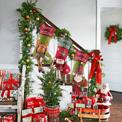 JUOIFIP 23'' Large Christmas Stockings Set of 3 - 3D Santa Snowman Reindeer Personalized Christmas Hanging Stockings Christmas Fireplace Stairs Decorations for Family Holiday Party