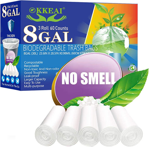 OKKEAI Medium Trash Bags Biodegradable Garbage Bags 8 Gallon White Thicker 0.98 MIL Kitchen Trash Bags Wastebasket Liners for Bathroom,Home Office, Lawn,60 Count,Clear (Fits 7-10 Gallon Bins)