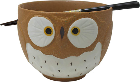 Brown Owl Noodle Bowl with Chopstick Holder for Ramen Soup or Pho, Cute Kitchen Accessory for Girls, 5 Inches