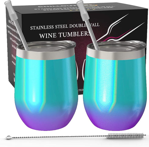 CHILLOUT LIFE Stainless Steel Wine Tumblers 2 Pack 12 oz - Double Wall Vacuum Insulated Wine Cups with Lids and Straws Set for Coffee, Wine, Cocktails (Mermaid Sparkle)