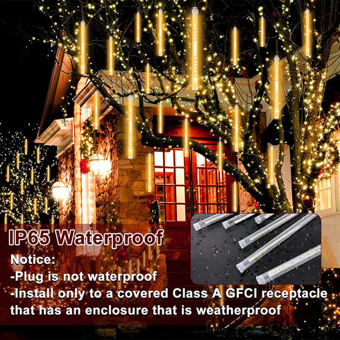 TAO XIANG QI 288 LED Christmas Lights Meteor Shower Rain Outdoor Decor, 8 Tube 12.2 Inch Waterproof Plug in Falling Fairy String Light Decor Tree Holiday Party Home (Warm White)