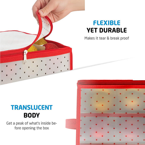 Sturdy Plastic Underbed Christmas Ornament Storage Box, 6 Trays Keeps 96 Holiday Christmas Ornaments 3" Compartments, with 2 Sided Dual Zipper Closure - Xmas Decorations Accessories,