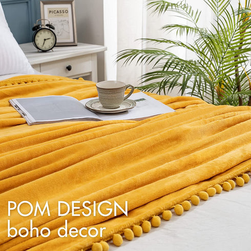 MIULEE Fleece Throw Blanket with Pompom Tassel for Halloween Soft Flannel Cozy Mustard Yellow Bed Blanket Fuzzy Plush Warm Farmhouse Boho Decor for Couch Sofa Bed Throw Size 50"x60"