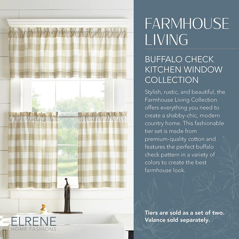 Elrene Home Fashions Farmhouse Living Buffalo-Check Tier Curtain Set for Bathroom or Kitchen Curtains, 30" x 24"(Set of 2 Tiers), Tan/White