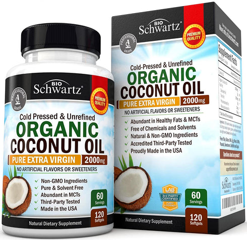 Coconut Oil Capsules 2000mg - Organic Pure Extra Virgin Unrefined Cold Pressed & Non-GMO for Healthy Skin Nails Weight Loss Hair Growth Brain Health Bloat Blood Pressure Anti Aging Digestion - 120ct