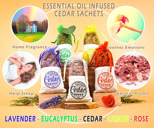 Cedar Sense Lemon Essential Cedar Sachets 8 Pack Essential Oil Infused Cedar Chips Car Air Freshener Closet Freshener Potpourri Bags Air Fresheners Sachets for Drawers and Closets