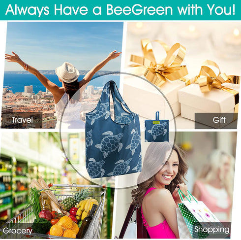 BeeGreen Reusable Grocery Shopping Bags Tote Bag Shopping Bags with Pouch XLarge 50LBS Waterproof Nylon Machine Washable Durable Eco-Friendly 6 Pack Cute Sea Turtles Pattern