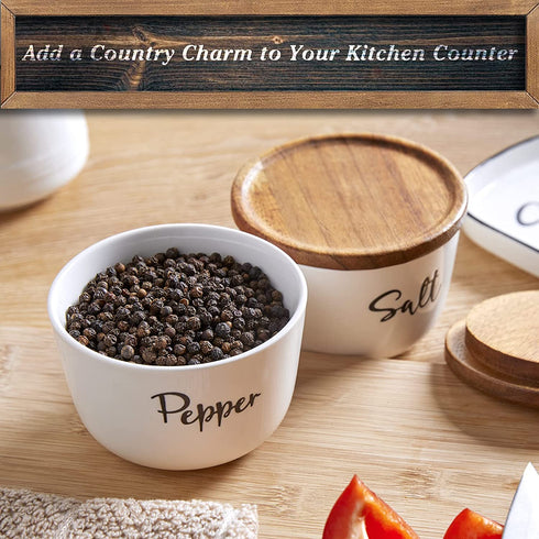 Farmhouse Salt and Pepper Bowls, DAYYET 10 oz Salt Cellar with Lid, Stacked Ceramic Salt Pepper Container with Wooden Lid, Salt Box for Countertop, Modern Farmhouse Kitchen Decor, Set of 2, White