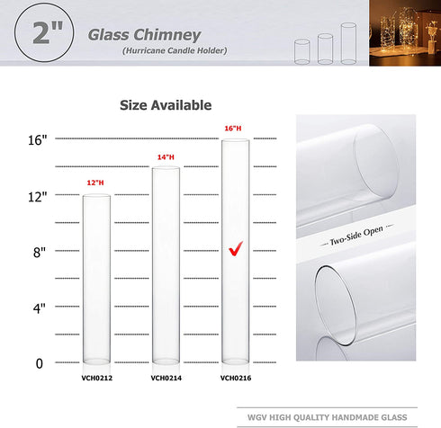 WGVI Hurricane Candle Holder Sleeve, Wide 2", Height 16", Clear Glass Cylinder Open Both Ends, Chimney Tube, Open Ended Candle Shade, 1 Piece