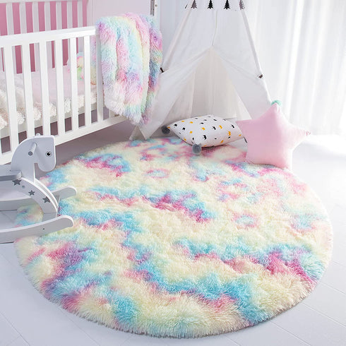 ST. BRIDGE Soft Round Rainbow Rug for Girls Room, Fluffy Circle Rug for Kids Room Decor, Indoor Modern Anti-Skid Fuzzy Nursery Mats, Shaggy Fur Area Rugs for Living Room Bedroom Plush Carpet, 3 Feet