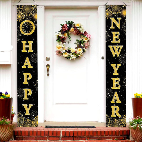 Large New Year Door Banner, 2 Pieces - 72x12 Inch, Happy New Year Banner 2022 | New Year Door Hanging Decorations | New Year Door Sign for New Years Eve Party Supplies 2022 Happy New Year Decorations