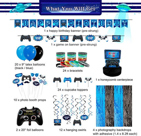 Decorlife Gamer Birthday Decorations, Video Game Birthday Party Decorations for Boys, 24PCS Wristbands, Foil Curtains, Photo Booth Props Included, Blue, Total 99PCS