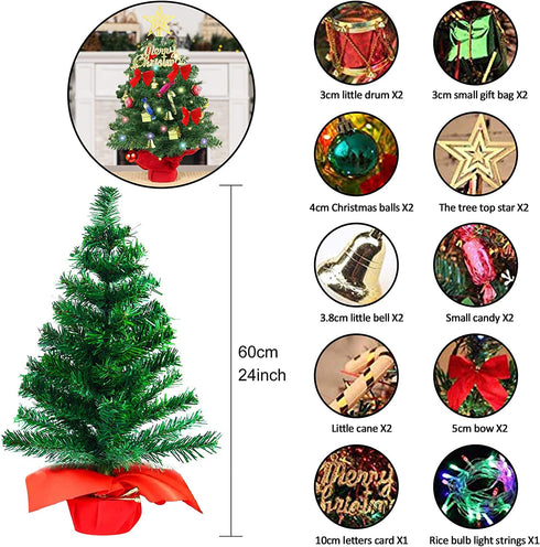 Small Christmas Tree, 2ft Mini Christmas Tree, Artificial Small Desktop Xmas Tree with Lights and Tree Ornaments, for Christmas Thanksgiving Decorations