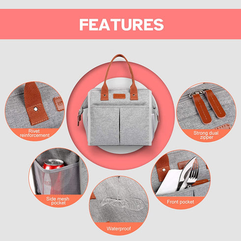 Lunch Bag for Women & Men, Large Insulated Lunch Box Cooler Tote Bags, Adult Reusable Lunch Boxes with Water Resistant for Work, School, Travel and Picnic (Grey)