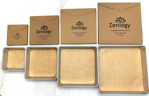 Zenlogy Parchment Paper for Square Pans - Unbleached, Perfect for Storing, Freezing, Separating, Baking, Diamond Painting - Comes in Easy Pull Out Storage Box (10x10 pans - 200 sheets)