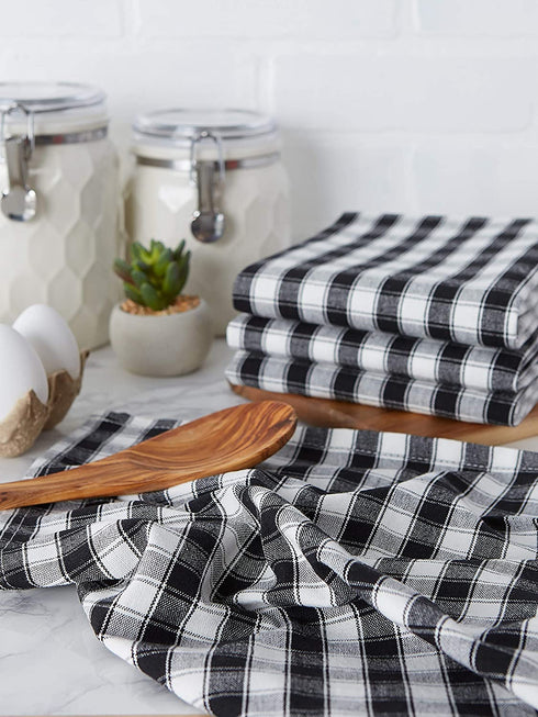 DII French Check Kitchen Collection Decorative Oversized Cotton Dishtowels, 18x28, Black/White, 4 Piece