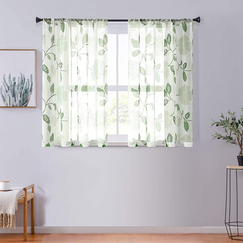 CUTEWIND 45 Inch Green Flower Leaves Print Linen Texture Semi Sheer Curtains Rod Pocket Living Room Basement Bedroom Window Luxury Retro Floral Printed Curtain 2 Panels