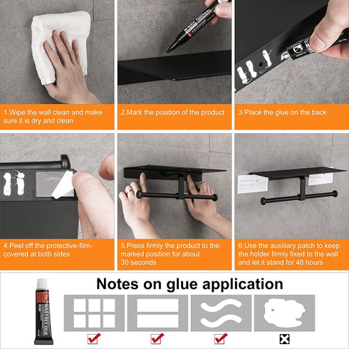 DUFU Toilet Paper Holder with Shelf,Anti-Rust Aluminum Double Roll Toilet Paper Holder with Mobile Phone Shelf for Bathroom,Self-Adhesive No Drill or Wall-Mounted with Screws for Bathroom (Matt Black)