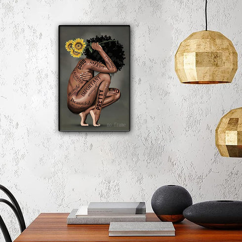Black Women Poster African American Wall Decor Black Queen Canvas Prints Black Women Portrait Wall Art Abstract Sunflower Canvas Printing Giclee Print Unframed for Office Bedroom Decorations 16X24 in