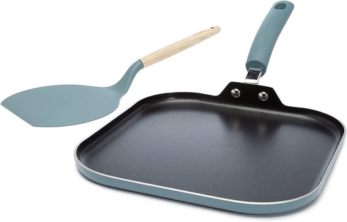 Goodful Aluminum Non-Stick Square Griddle Pan/Flat Grill, Made Without PFOA, with Nylon Pancake Turner, Dishwasher Safe Cookware, 11" x 11", Turquoise