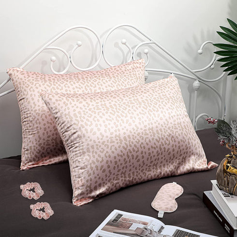 5 Pieces Leopard Satin Sleep Set Satin Pillowcase with Hidden Zipper Softer Than Silk, Includes 2 Satin Pillowcase 1 Satin Eye Mask and 2 Satin Volume Scrunchies for Women Gifts for Best Friend