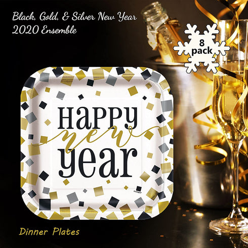 Unique 2022 Black Gold & Silver New Year Dinnerware Party Bundle | Square Dinner & Dessert Plates, Dessert Napkins | Decorations NYE Disposable Table Paper Set Supplies