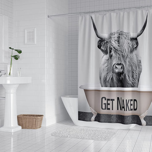 DOMOKU Highland Cow Shower Curtain Get Naked Cow Shower Curtain Polyester Waterproof Western Farmhouse Cow Print Funny Shower Curtain with Hooks,72 X 72 Inche