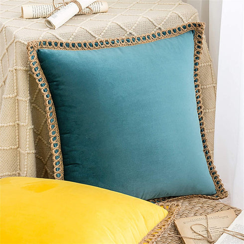AQOTHES Pack of 2 Velvet Decorative Farmhouse Burlap Trimmed Tailored Edges Decor Pillow Cover Cushion Throw Pillows for Couch Sofa, 18 x 18 Inch, Teal