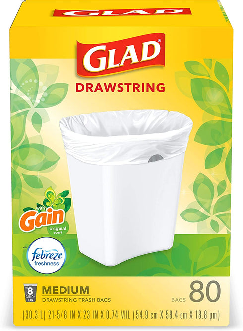 Glad Trash & Food Storage Medium Kitchen Drawstring Trash Bags 8 Gallon White Trash Bag, Gain Original Scent (Package May Vary), Fresh, 80.0 Count