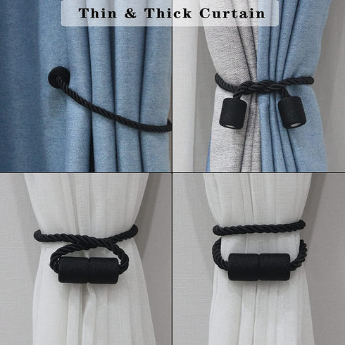 Porlau 2 Pack Strong Magnetic Curtain Tiebacks Outdoor Elegant Decorative Tie Backs Modern Rope Tiebacks for Drapes Window Curtain Holdbacks for Draperies- Black