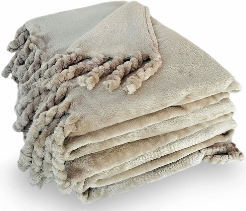 Odds & Ends Home Fleece Blanket Twin Size with Tassels - Super Soft Plush Tan Throw Blankets for Bed, Sofa, Couch, Outdoor, 60x87 Inches