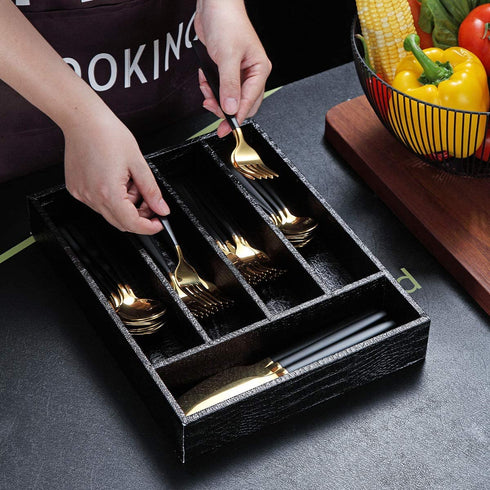 Drawer Organizers, Berglander Black Leather Wood Kitchen Silverware Tray For Drawer, Utensil Tray Drawer Organizer, Kitchen Silverware Organizer, Cutlery Flatware Organizer With Drawers