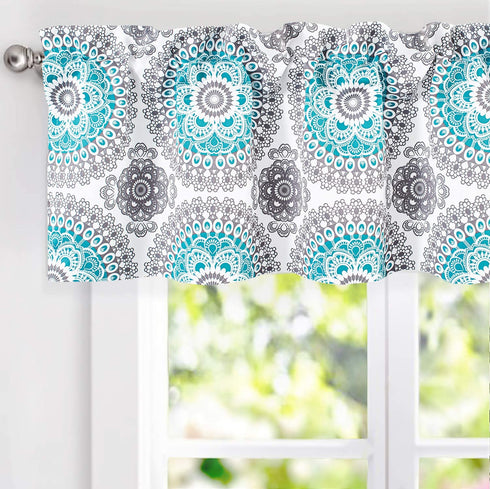DriftAway Bella Medallion Pattern Room Darkening Rod Pocket Window Curtain Valance 52 Inch by 14 Inch Aqua and Gray