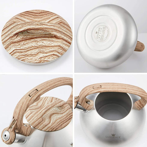 Teapot Whistling Tea Kettle with Wood Pattern Handle Loud Whistle,Food Grade Stainless Steel Tea Pot for Stovetops Water Kettle(Silver-RW)
