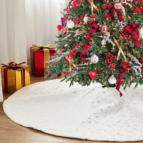 EHEYCIGA Fleece Christmas Tree Skirt White 48 inches with Silver Snowflakes and Stars Stamped Silver, Christmas Tree Blanket for Xmas Tree, Holiday Christmas Tree Decorations
