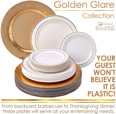 Silver Spoons Modern Elegant Disposable DINNERWARE Set | Heavy Duty Plastic Dishes | Chargers | Dinner Salad Plates | for Upscale Wedding and Dining | Golden Glare Collection, 20 Servings, Ivory/Gold