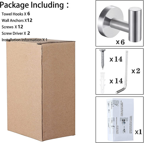 Towel Hooks Bath Towel Hook 6 Pack Wall Hooks SUS 304 Stainless Steel Coat Hooks, Heavy Duty Robe Hook Holder for Bathroom Kitchen Garage Home Hotel Cabinet Office(Silver)